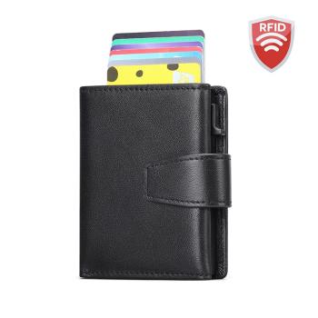 防盜刷RFID真皮自動彈信用卡片錢包金屬盒男士多卡位裝卡的卡夾套