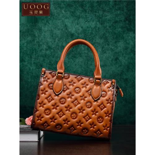 真皮手提包老花托特包壓花斜挎包復古包頭層牛皮小眾設計2025新款