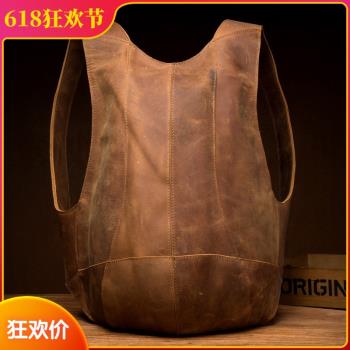 慢時光 復古潮純手工牛皮揹包防盜包 男頭層牛皮雙肩包個性瘋馬皮