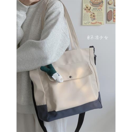 單肩通勤帆布包日系ins學生上課大容量小眾斜挎包撞色少女托特包