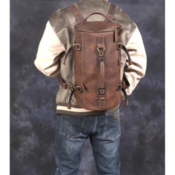 新款復古瘋馬皮男士真皮雙肩包行李包牛皮旅行包單肩斜挎手提桶包