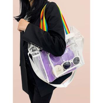 游泳包女PVC透明單肩手提包便攜旅行化妝品收納包防水洗澡洗漱包
