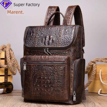 New Mens Crocodile Pattern Backpack Business Top Layer Cowh
