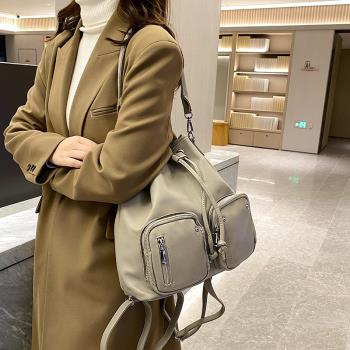 多用抽帶水桶包時尚潮流日韓雙肩包高級感軟皮背包女生洋氣街頭包
