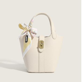 2022 New Women Fashion Bucket Bag Soft Lychee Leather Should