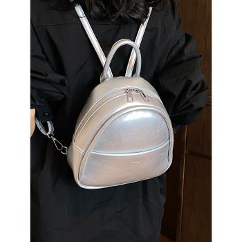 質感銀色雙肩小包包女2024新款時尚手提小書包夏季洋氣背包旅行包