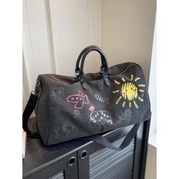 涂鴉手提旅行袋大容量短途旅游出差登機行李包帆布男女運動健身包