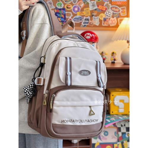 日系ins學生休閑大容量書包撞色小眾百搭雙肩包美式復古電腦背包