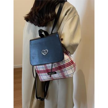 韓國小眾設計格子雙肩包學院風辣妹背包小型水桶包女式逛街旅行包