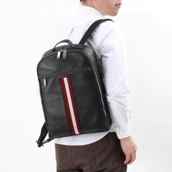 百年瑞士品牌 男士 牛皮頂部提手 紅色條紋帶拉感套 電腦雙肩背包