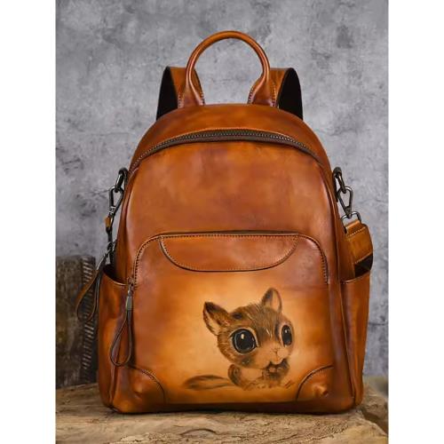 復古手工植鞣頭層牛皮雙肩包女原創真皮女包旅行大容量背包女書包