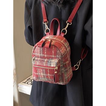 紅色毛呢格子小包包女2024新款春夏時尚雙肩包質感手提書包旅行包