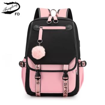 Fengdong large school bags for teenage girls USB port canvas