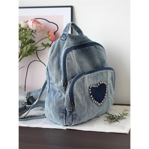 偶然包鋪 復古原創水洗牛仔帆布雙肩包 夏季新款可愛心潮女小背包