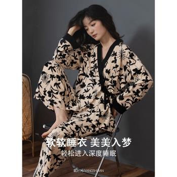 睡衣女秋季春秋款純棉長袖開衫和服新款花卉家居服女士高階感套裝