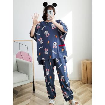 純棉大碼睡衣女200斤春秋夏短袖長褲家居服加肥加大胖mm薄款套裝