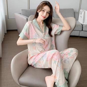 網紅風女牡丹花長褲模擬絲睡衣