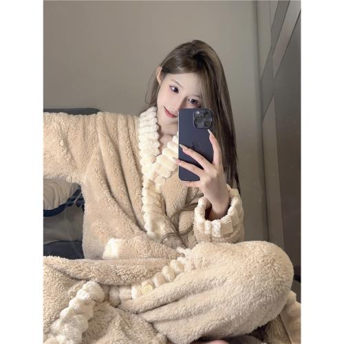 韓版高級純色珊瑚絨睡衣女加絨加厚冬季新款毛絨睡袍長褲居家套裝