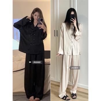 法式高階冰絲長袖睡衣女春秋款2024年新款開衫長褲大碼家居服套裝