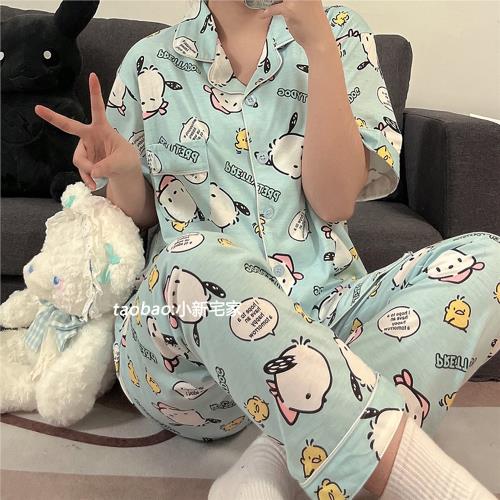 韓國可愛帕恰狗睡衣夏女短袖短褲純棉卡通薄款長褲套裝網紅家居服