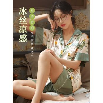 涼感冰絲短袖春秋夏天女休閑睡衣