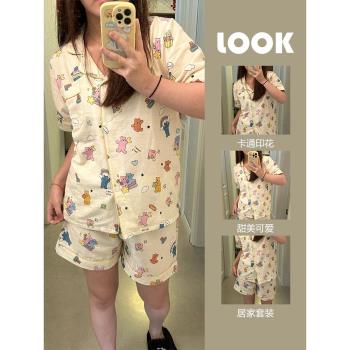 少女可愛卡通印花短袖睡衣女夏天2024年新款開衫短褲家居服套裝夏