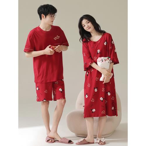 OxyTime氧時間 紅色情侶睡衣男女夏季薄款短袖純棉新婚家居服套裝