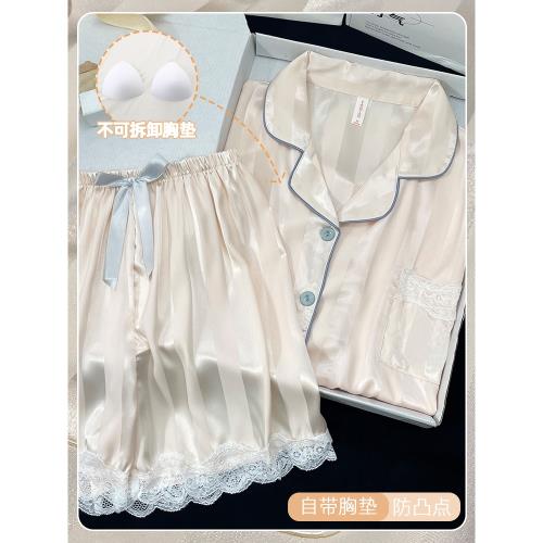 夏季天帶胸墊睡衣女冰絲涼感短袖2026年新款套裝薄款可外穿家居服