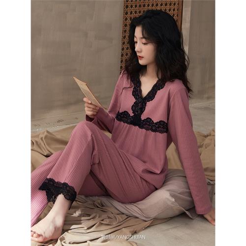 OxyTime氧時間 睡衣女春秋款冬季純棉長袖新款V領蕾絲家居服套裝
