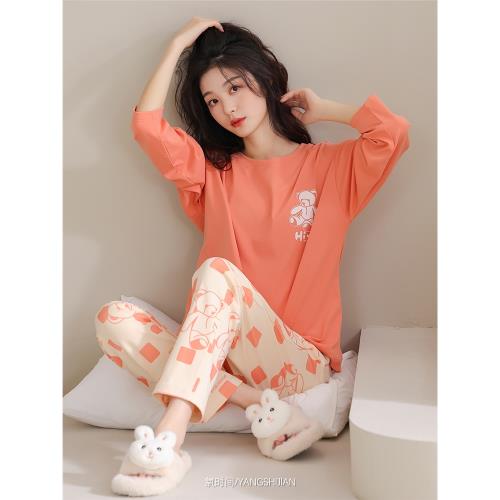 芬騰可安純棉睡衣春秋款冬季長袖休閑圓領家居服女士全棉小熊套裝