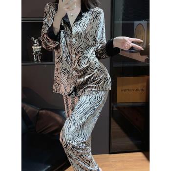 ins韓國豹紋金絲絨睡衣女春秋新款長袖高階網紅風冬天家居服套裝