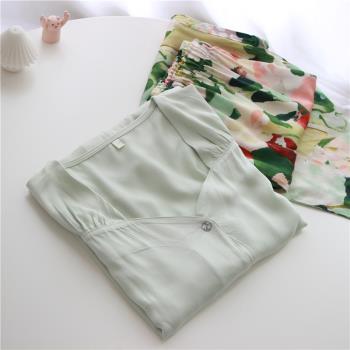 【年華】高品貢緞棉綢 法式花瓣領時尚拼色 舒服女士長袖褲睡衣套
