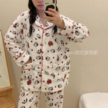 ins日系可愛KT貓咪法蘭絨睡衣女冬季長袖長褲kitty家居服套裝學生