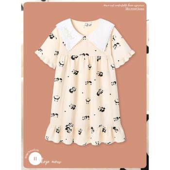 可愛熊貓睡裙女夏季純棉短袖睡衣中長款甜美風寬松大碼連衣裙夏天