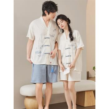情侶睡衣女款2024新款夏季國風新中式雲朵棉男士可外穿家居服套裝