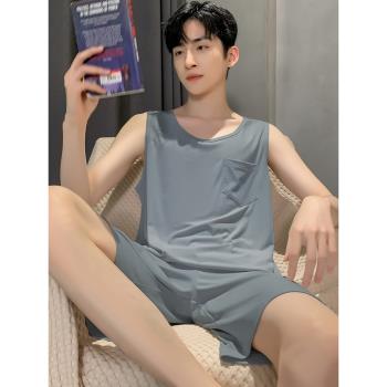男士冰絲無袖背心短褲青少年睡衣