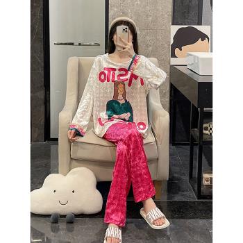 金絲絨睡衣女春秋季長袖大碼可外穿網紅2025新款玫紅冬家居服套裝