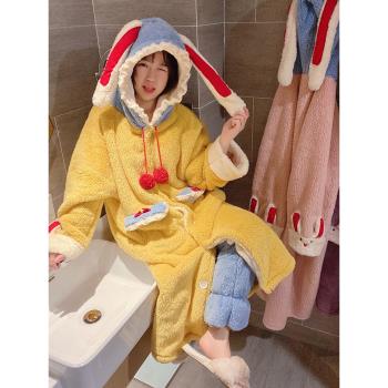 特價~兔子可愛睡衣女冬珊瑚絨睡裙加厚睡袍法蘭絨保暖家居服套裝