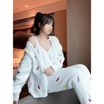 彩葉軟綿綿睡衣女冬三件套加厚珊瑚絨性感開衫網紅家居服套裝新款