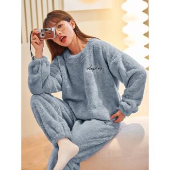 2024年冬季新款珊瑚絨睡衣女秋冬加厚加絨家居服可外穿法蘭絨套裝