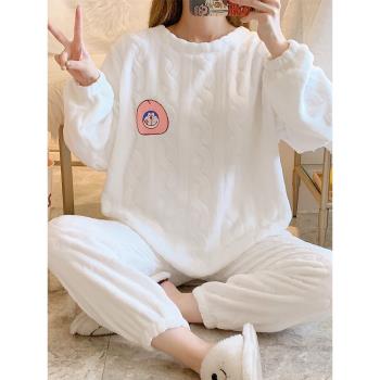 珊瑚絨睡衣冬款女加絨加厚可愛麻花2024年新款秋冬季法蘭絨家居服