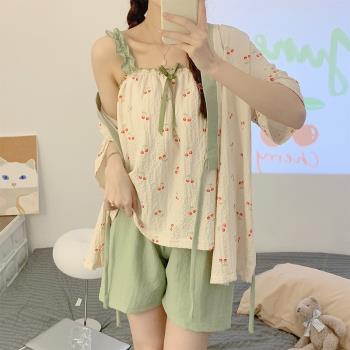 女夏款純棉櫻桃性感吊帶和服睡衣