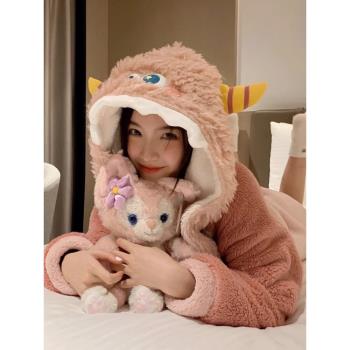 趙露思同款小怪獸情侶睡衣女冬款珊瑚絨睡袍加絨套裝家居服可外穿