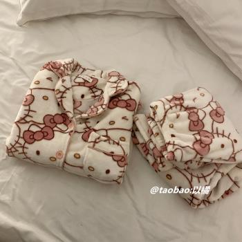 HelloKitty珊瑚絨睡衣女秋冬季可愛新款加厚法蘭絨加絨家居服套裝