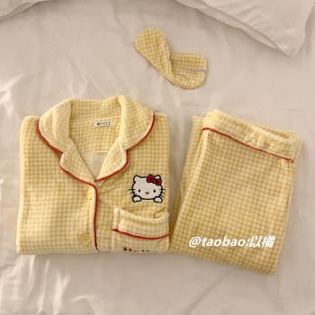 HelloKitty珊瑚絨睡衣女秋冬季卡通簡約格子加厚加絨可外穿家居服