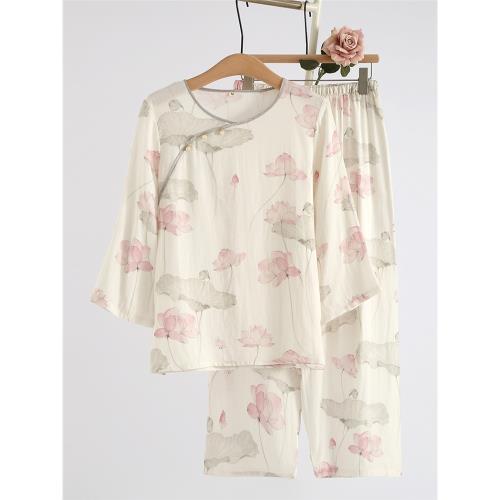 國風荷塘月色睡衣女式春秋夏季竹纖維棉質薄款寬松長袖家居服套裝