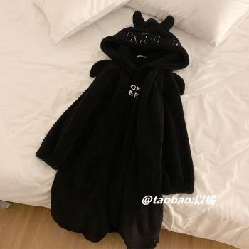 小惡魔連帽女長款黑色情侶睡衣