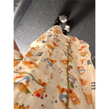 可愛貓咪印花短袖睡衣女夏季2024新款卡通開衫短褲家居服大碼套裝
