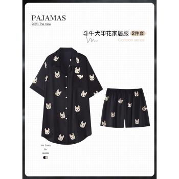 黑色性感睡裙女睡衣夏季冰絲短袖短褲模擬絲綢夏天涼感家居服套裝