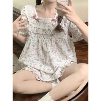 純棉女甜美碎花兔子外穿短袖睡衣